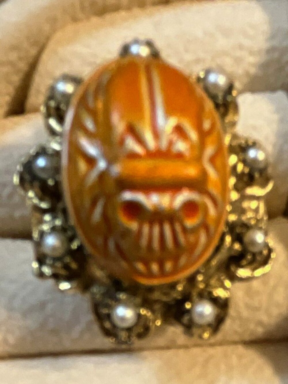 Gold-Tone Egyptian Scarab Cameo Cocktail Ring Size 7.5, Engraved Oval Face